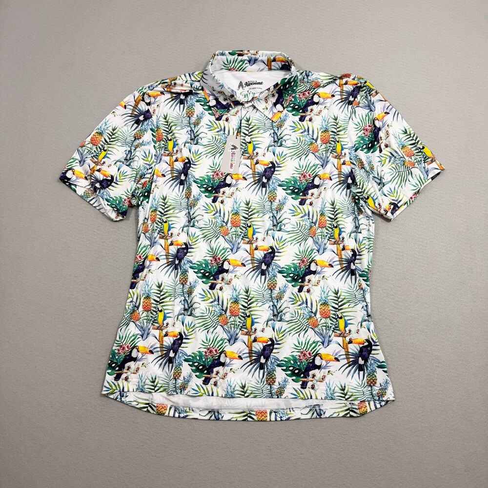 Royal and Awesome Golf Polo Shirt Men's Extra Large Floral Tropical Bird NEW